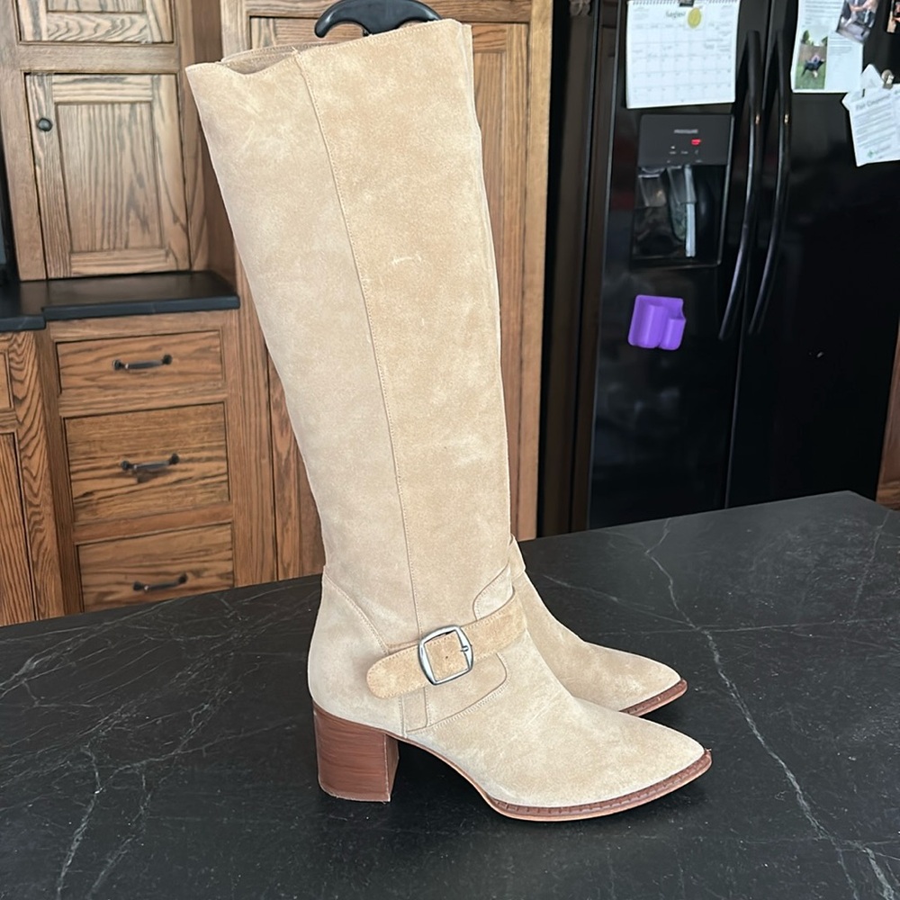 Free People Beige Suede Knee-High Heeled Boots